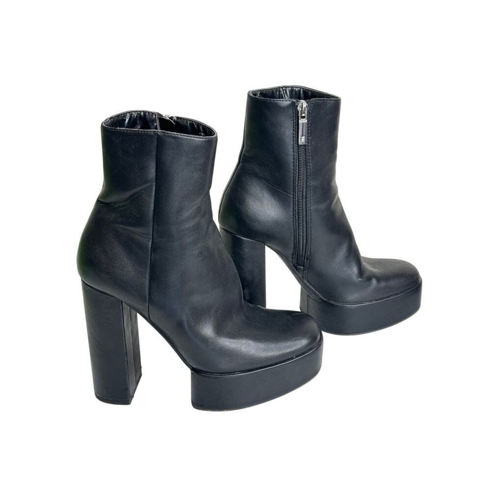 Zara Boots Womens 6 Black Faux Leather Platform Chunky Block Heel Mid Calf Zip